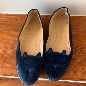 Charlotte Olympia Blue Velvet Cat Flats